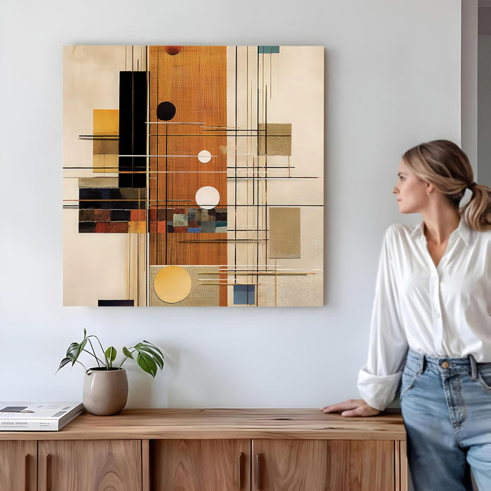 Modern Geometric Abstract Stretched Canvas Wall Art, Mid-Century Modern Textured Painting with Gold, Copper & Black Accents, Large Square Painting for Living Room & Office Decor (56xx56 cm)