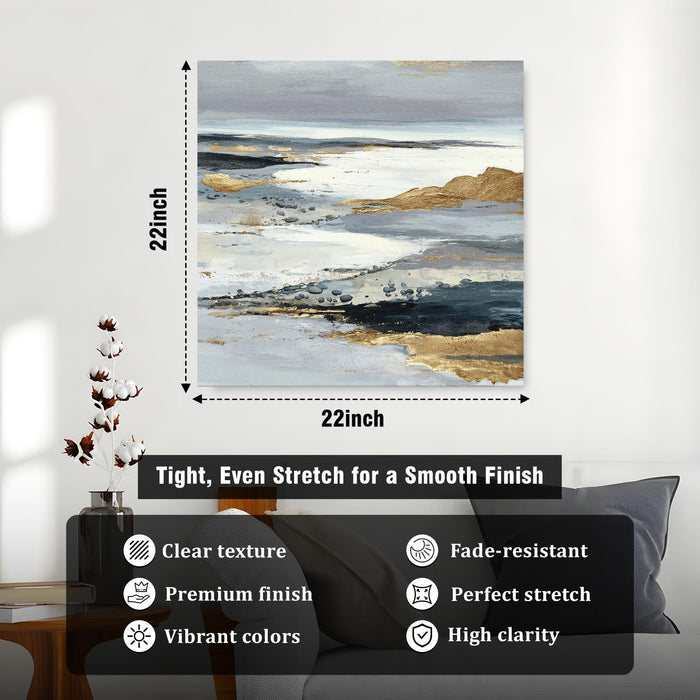 Abstract Gold Foil Mountain Landscape Wall Art Painting For Living Room, Modern Grey & Navy Textured Stretched Canvas Painting, Contemporary Japandi for Living Room, Office & Home (56xx56 cm)