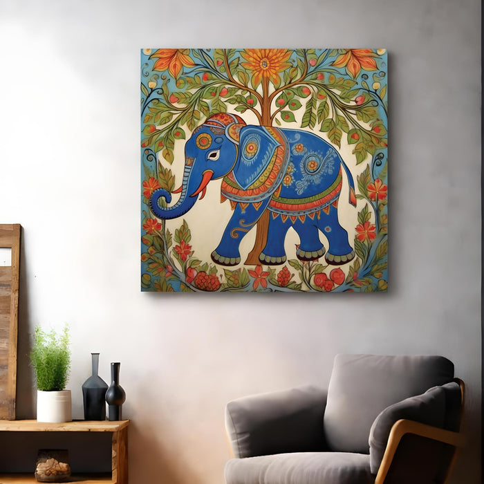 Madhubani Elephant Stretched Canvas Wall Art Painting For Living Room, Traditional Indian Folk Tree of Life Painting With Frame, Ethnic Home Decor for Living Room, Office & Vastu (56xx56 cm)
