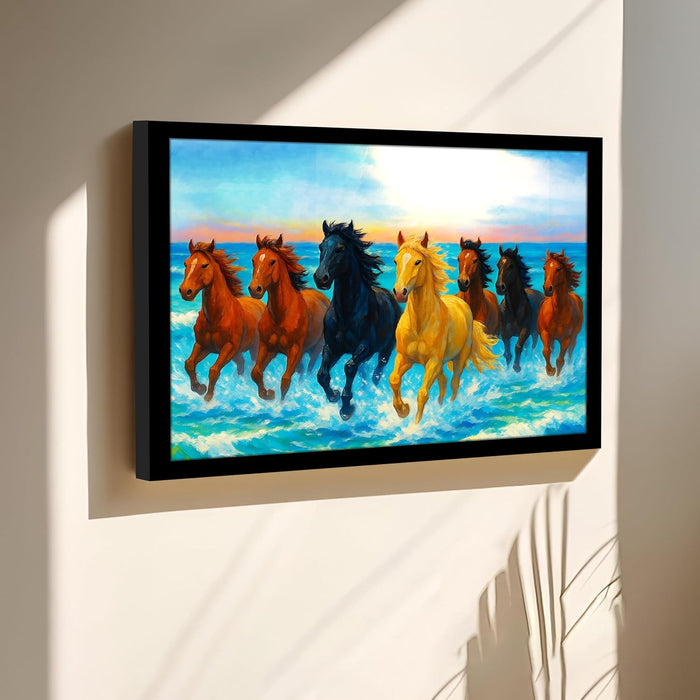 Seven Running Horses Wall Art Vastu Feng Shui Multicolor | Canvas Painting Stretched on Wood | Suits For Vastu-Friendly Place (16x22 Inch)