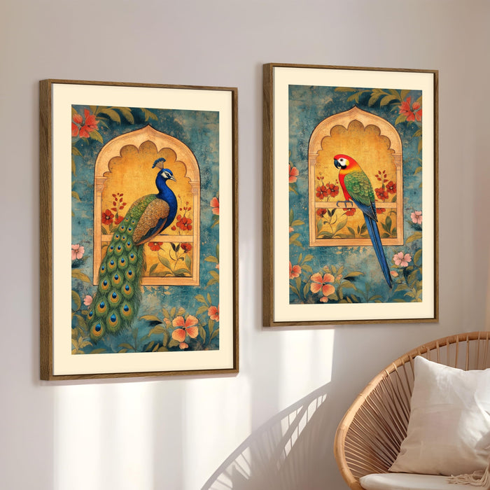 Mughal Parrot and Peacock flower Jharokha Canvas Painting Indian Large Wall Art Painting for Living Room Decoration, Stylish Large Wall Art Print for Wall Decor (Set of 2, 58x89 cm)