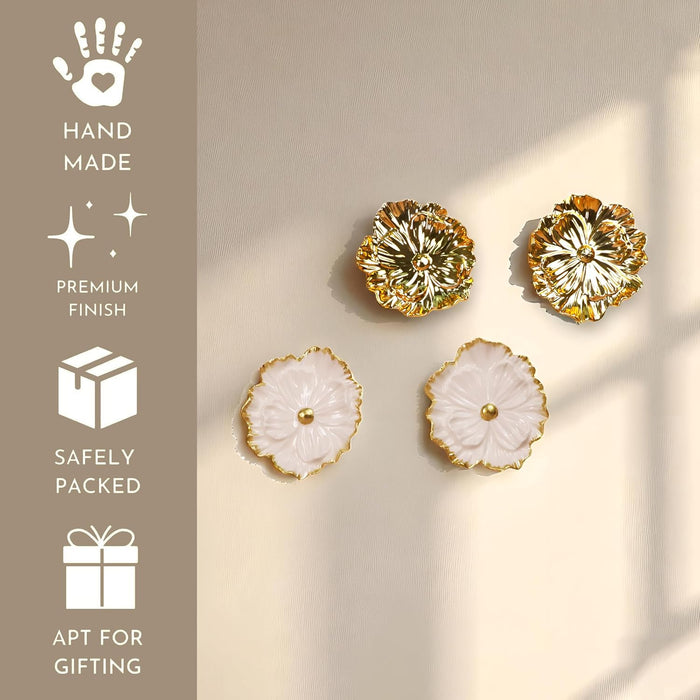 Pack of 4 Golden and White Floral Shape Ceramic Wall Decor Plates Handmade Round Floral Wall Hanging Decorative Items – 14x14 cm