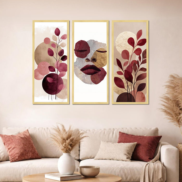 Abstract Botanical & Face Framed Wall Art Set of 3 | Modern Boho Wall Décor | Engineered Wood Frame Prints for Living Room, Bedroom & Office, 8.9x18.9 Inch