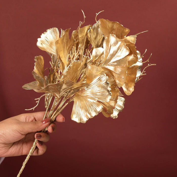 Golden Ginkgo Leaves Stems, Fake Faux Shrubs Made of PVC, UV Resistant Home Décor 31 cm
