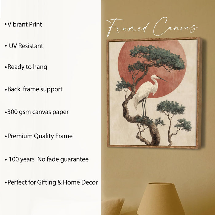 Japanese Crane Sun Framed Painting For Living Room | Vastu Crane Large Canvas Painting With Frame Wall Art For Bedroom, Hallway's, Office, Hotel, Size 58x58 cm