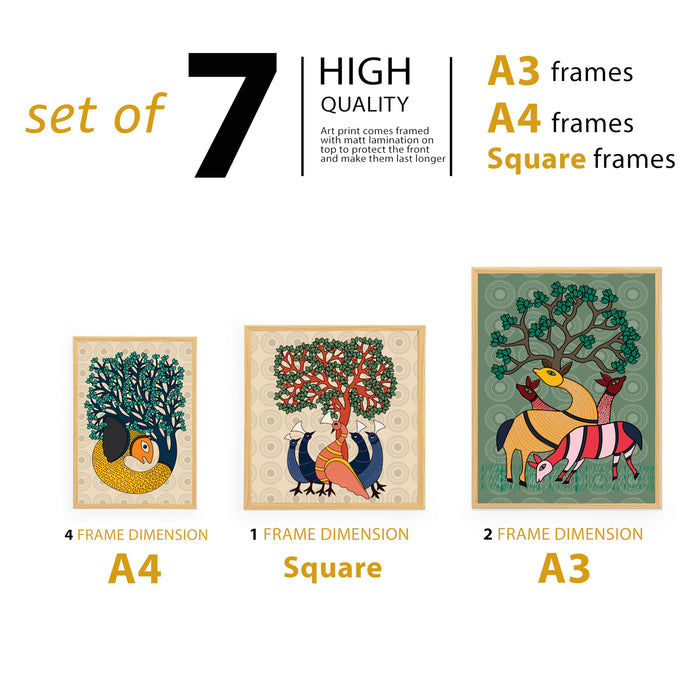 Framed GOND Tribal wall painting Set of 7 Indian Wall Art Print Elephant Deer and Peacock with Flower for Home and and Office Decor (Size: 9.3x12.7, 13x13 & 12.7x17.5 Inch)