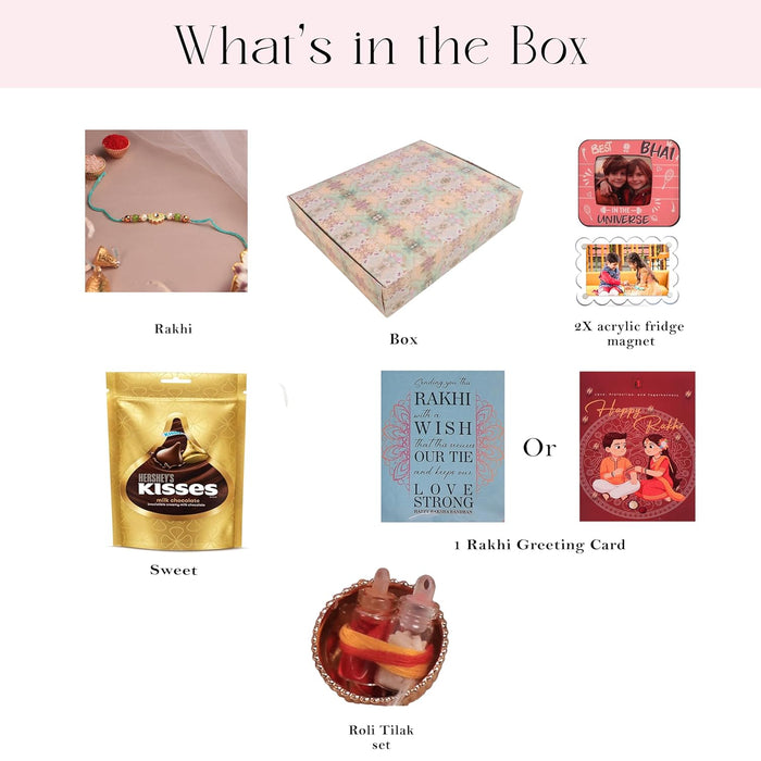 Art Street Rakshabandhan Gift Hamper with Sweets for Brother and Bhabhi, Megantice Photo Frame and Lotus Flowers Rakhi with Chawal and Roli Gift Set for Celebrate Raksha Bandhan (Pack of 7 Items)