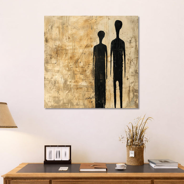 Abstract Minimalist Figures Stretched Canvas Wall Art Painting for Living Room, Modern Giacometti Style Silhouette Painting, Textured Earth Tones in Beige & Black for Office (56xx56 cm)