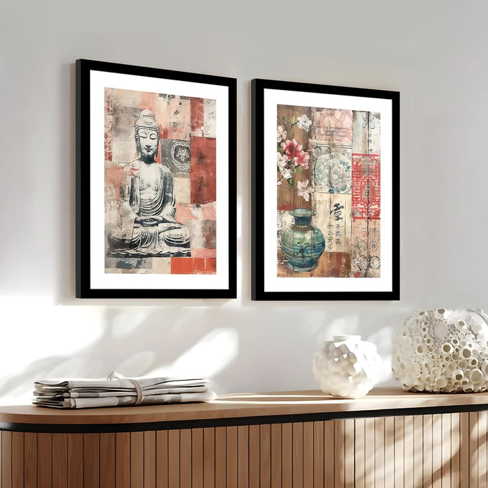 Modern Art Vintage Japanese Buddha and Flowers Wall Art Painting