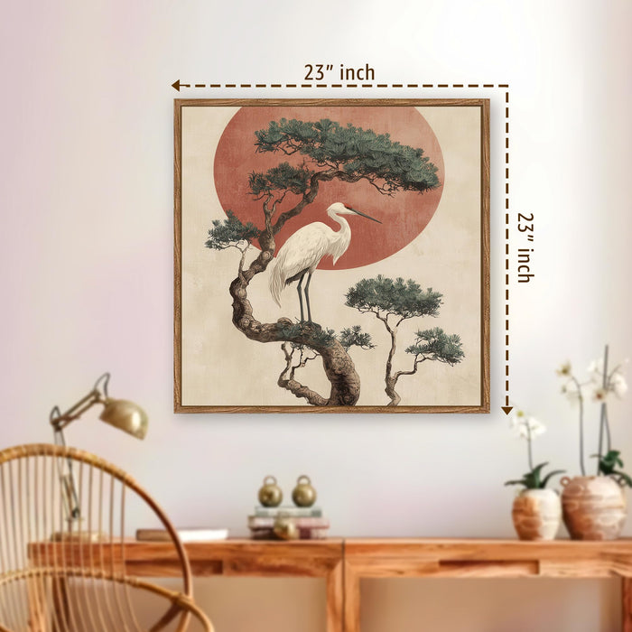 Japanese Crane Sun Framed Painting For Living Room | Vastu Crane Large Canvas Painting With Frame Wall Art For Bedroom, Hallway's, Office, Hotel, Size 58x58 cm