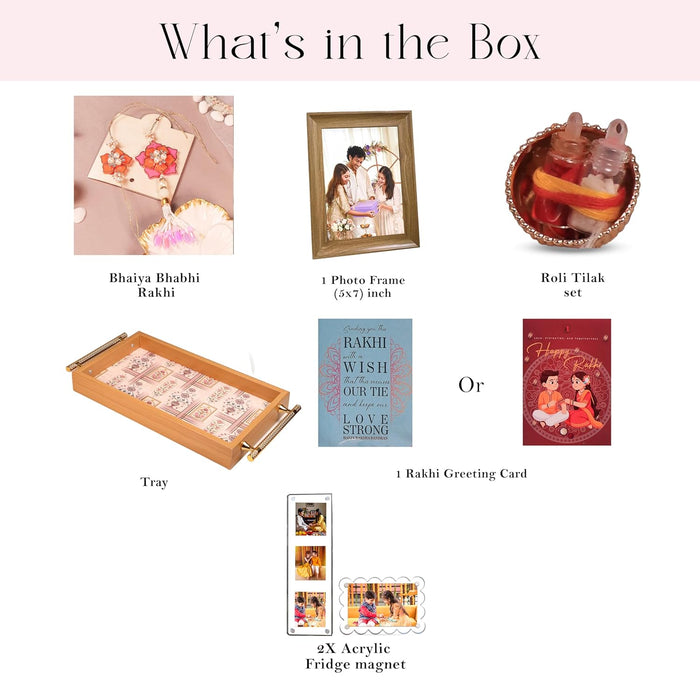Rakshabandhan Gift Hamper for Brother and Bhabhi, Photo Frame and Serving Tray, Flower DesignRakhi with Chawal and Roli Gift Set for Celebrate Raksha Bandhan