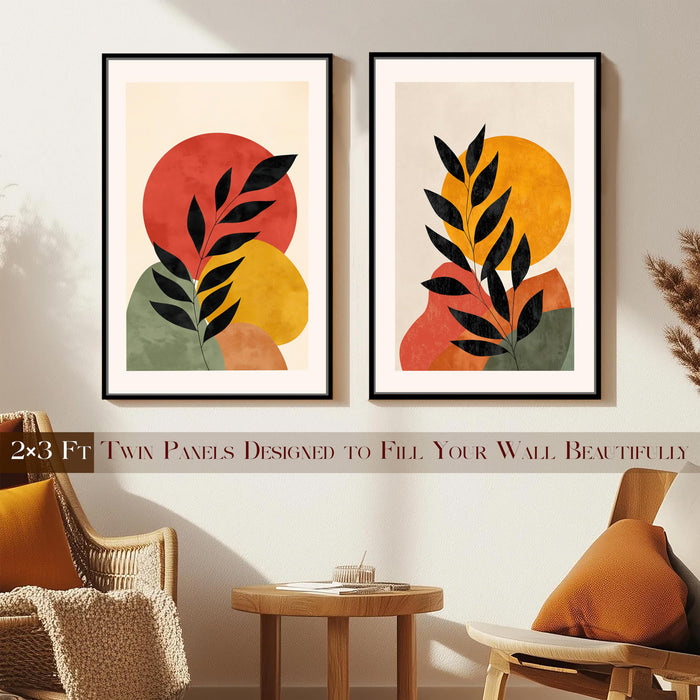 Boho Moon and Sun Leaf Canvas Wall Painting Bohemian Large Wall Art Painting for Living Room Decoration, Stylish Large Wall Art Print for Wall Decor (Set of 2, 58x89 cm)