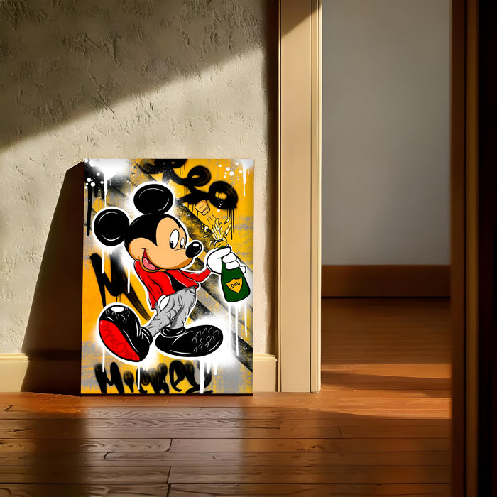 PAINTINGMANTRA Cartoon Mouse Champagne Stretched Canvas Painting Print| Graffiti Style Pop Art Wall Décor | Modern Street Art Canvas for Home & Office, 41x56 cm