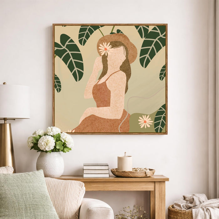 Boho Woman Botanical Framed Painting For Living Room | Tropical Woman Figurative Large Canvas Painting With Frame Wall Art For Bedroom, Hallway's, Office, Hotel, Size 58x58 cm