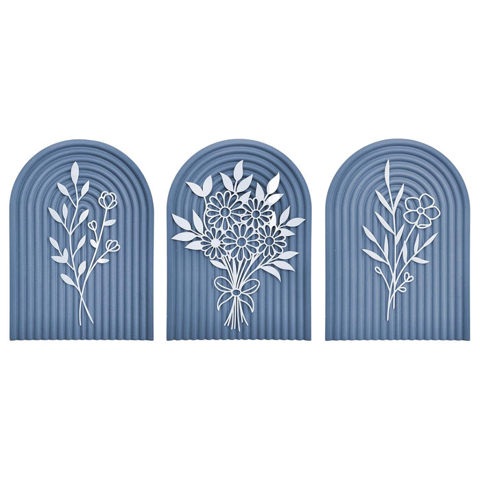 Pack of 3 Boho Floral Wall Art with Blue Arched Wood Base and White Acrylic Flower Cutouts Boho Decor 22x31 cm