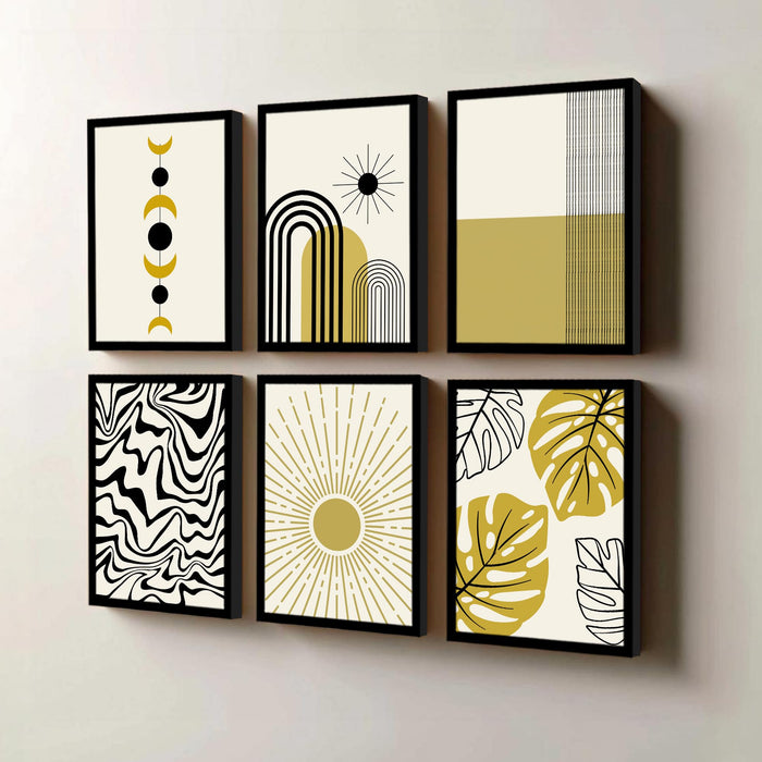 Abstract Boho Framed Painting Wall Art Set of 6 | Sun, Moon, Botanical & Geometric Prints | Neutral Earth Tones | Engineered wood Frame Wall Décor, (Size: A3)