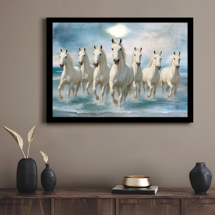 Seven Running Horses Wall Art Vastu Feng Shui Multicolor | Canvas Painting Stretched on Wood | Suits For Vastu-Friendly Place (16x22 Inch)