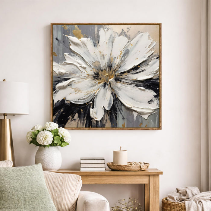 Abstract White Flower Framed Painting For Living Room | Modern Impasto Floral Large Canvas Painting With Frame Wall Art For Bedroom, Hallway's, Office, Hotel, Size 58x58 cm