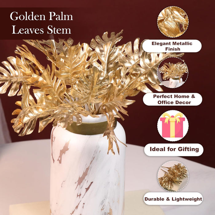 Golden Monstera Leaves Stem, Fake Faux Shrubs PVC, UV Resistant for Home Décor 28 cm