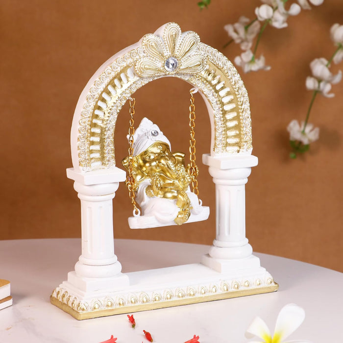 Ganesh Ji Idol for Car Dashboard Home and Pooja Swinging Ganesha Murti Golden and White Ganesh Ji Idols for Gift Mandir Altars Resin Ganesha Statue for Car and Home Height - 23 cm