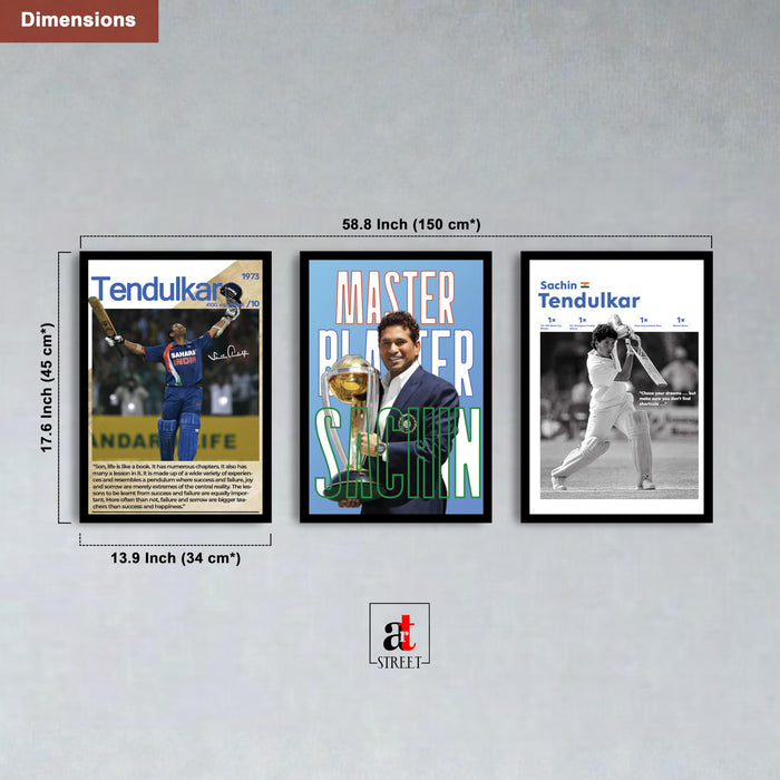 PAINTINGMANTRA Sachin Tendulkar Wall Art | Master Blaster Cricket Posters | Framed Sports Wall Decor for Living Room, Bedroom, Office & Cricket Lovers (13.9x17.6 Inch, Set of 3)