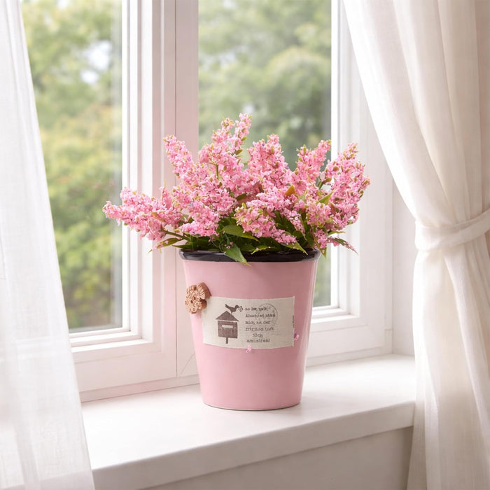 Ceramic Flower Pot with Artificial Pink Flowers | Decorative Tabletop Planter