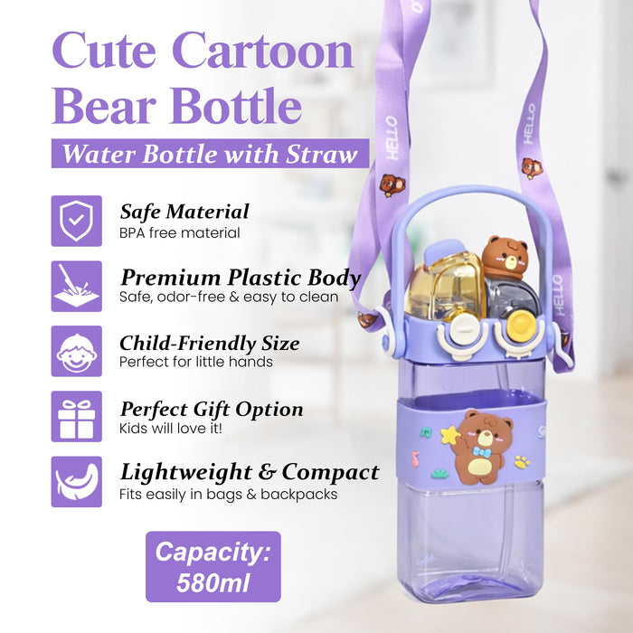 Art Street Cute Bear Kids Water Bottle with Straw & Strap - 580ml Leakproof BPA-Free Plastic Sipper—Cute Portable Dual-Drink Cartoon Tumbler for School, Girls & Boys (Purple, 17x7 cm)