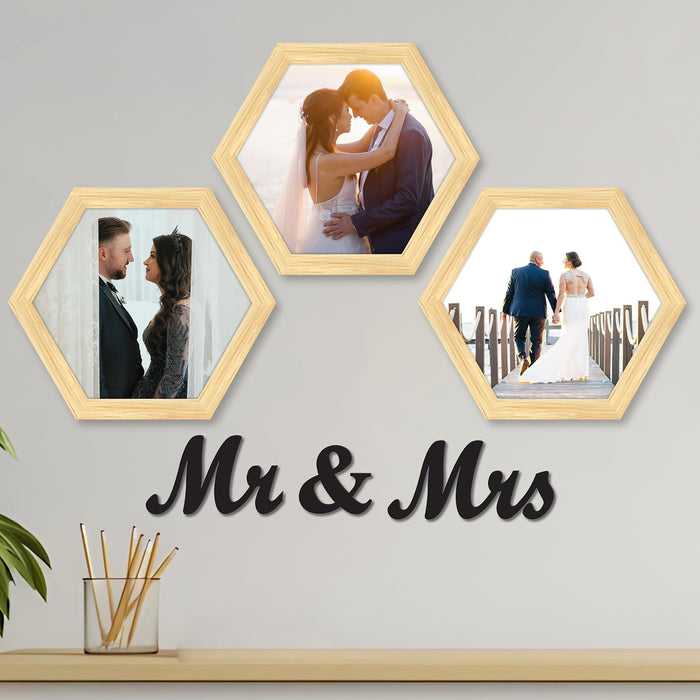 Hexagon Wall Photo/Picture Frame Set of 3, and 'Mr & Mrs' Word (Size 10x9.2 Inch)