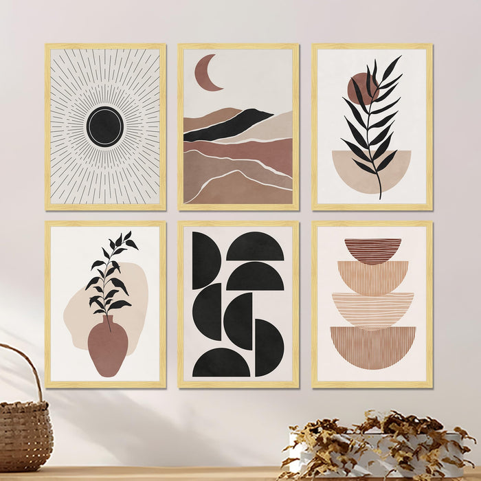 Boho Portrait & Abstract Framed Painting Wall Art Set of 6 | Modern Feminine, Botanical & Rainbow Prints | Soft Neutral Tones | Engineered wood Frame Wall Décor, (Size: A3)