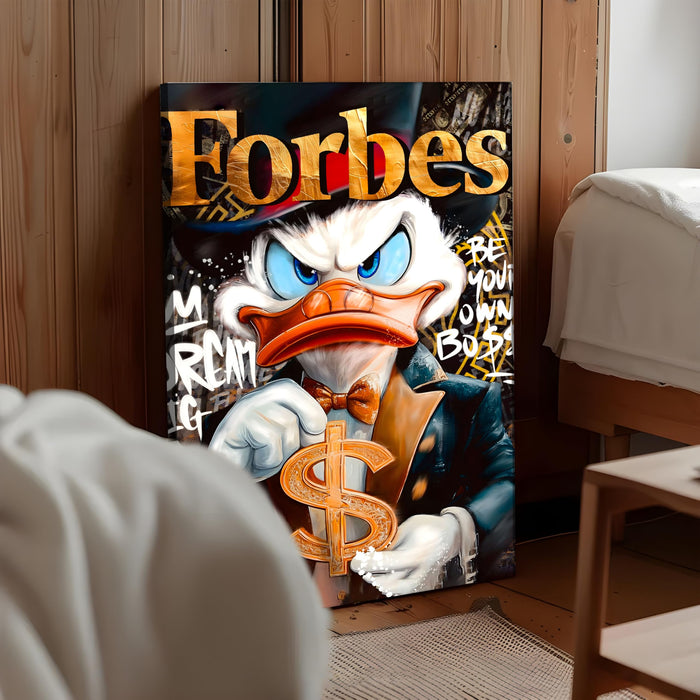 Luxury Cartoon Duck Pop Art Stretched Canvas Painting Print| Money Motivation Street Art Wall Décor | Modern Success-Themed Artwork for Home & Office, 56x86 cm