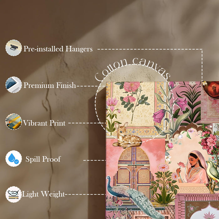 Mughal Garden Women and Peacock Floral Pattern Canvas Wall painting | Travel pop art Canvas Wall Painting For Home and Office Wall Décor (41x56 cm)