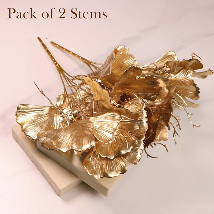 Golden Ginkgo Leaves Stems, Fake Faux Shrubs Made of PVC, UV Resistant Home Décor 31 cm