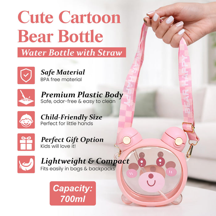 Cute Bear Water Bottle with Straw & Adjustable Shoulder Strap, 700ml Large Capacity Portable Sipper Cup for Kids & Girls, Leakproof BPA-Free Plastic Drinkware for School & Travel (Pink, 6x5.3 Inch)