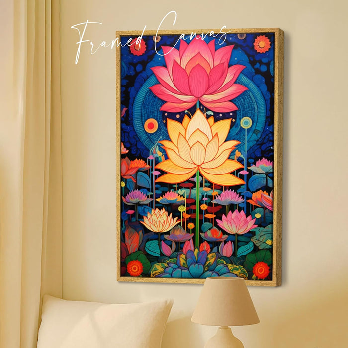 Abstract Multicolor Aesthetic Lotus Painting with Frame, Framed Canvas Paintings Stretched Canvas Wall Art  22x34 Inch