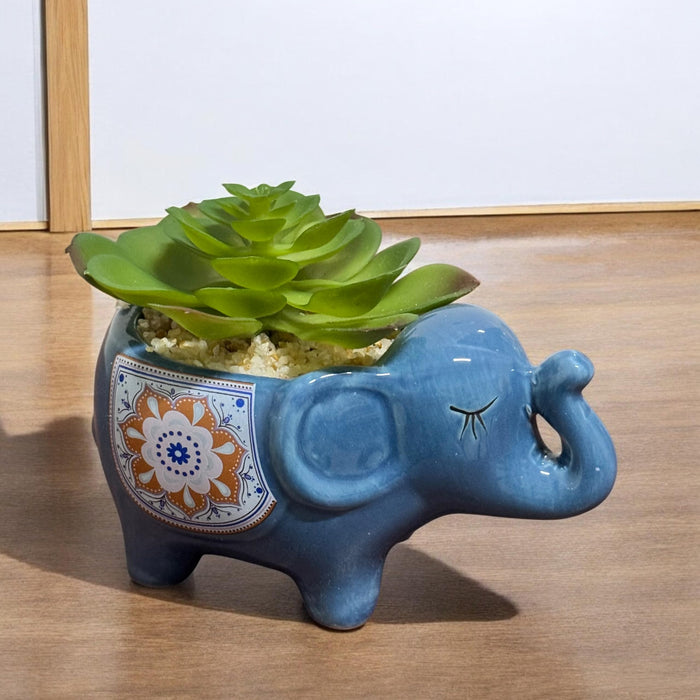 Ceramic Potted Vase New Elephant Shape Pot for Table Top, Dining Table (Blue, Size: 5.5x4 Inch)