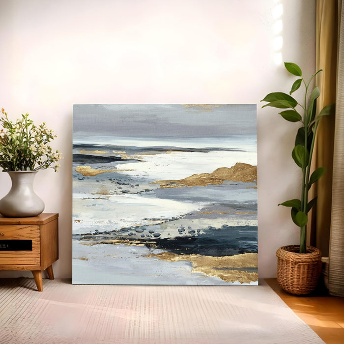 Abstract Gold Foil Mountain Landscape Wall Art Painting For Living Room, Modern Grey & Navy Textured Stretched Canvas Painting, Contemporary Japandi for Living Room, Office & Home (56xx56 cm)