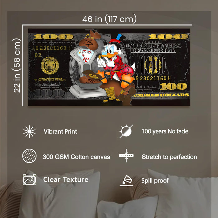 Luxury Scrooge McDuck Stretched Canvas Wall Art – Modern Pop Art 100 Dollar Bill Money Background – Motivational Wealth Art for Office & Home Decor – Wrapped Gallery Canvas, 22x46 Inch