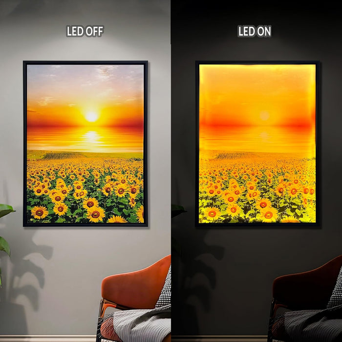 Framed Canvas Art Print with LED Light Canvas Wall Art, Sun and Field of Sunflower Painting with LED Decorative Wall Decor 43x58 cm