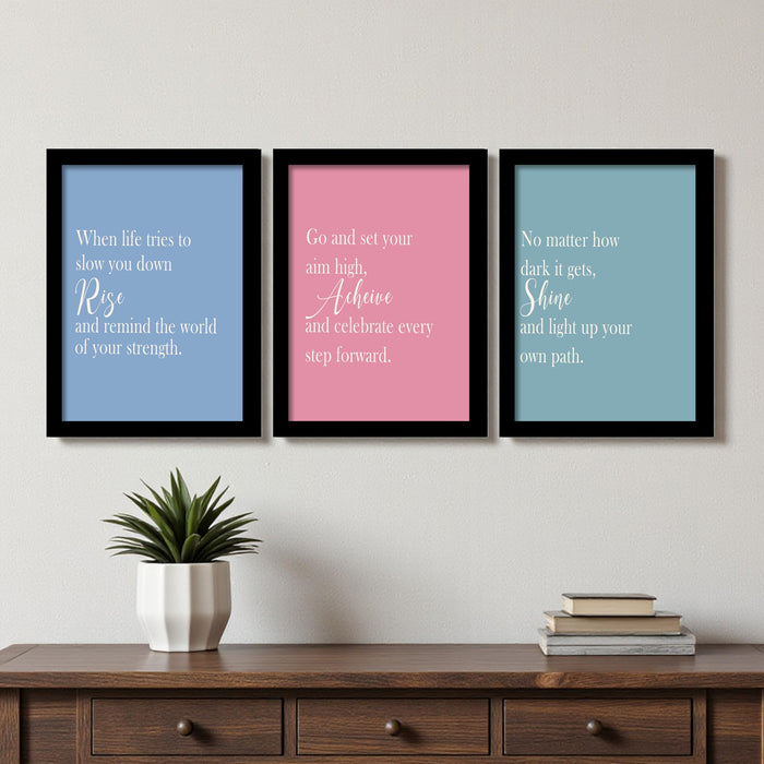 Motivational Quote Wall Art Set of 3 Framed Prints | Rise Achieve Shine Inspirational Wall Décor for Living Room, Bedroom & Office, 23x32 cm