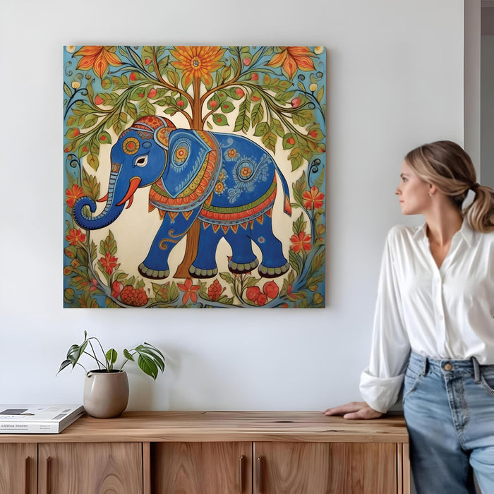Madhubani Elephant Stretched Canvas Wall Art Painting For Living Room, Traditional Indian Folk Tree of Life Painting With Frame, Ethnic Home Decor for Living Room, Office & Vastu (56xx56 cm)
