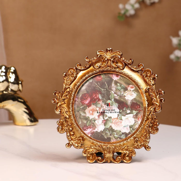 Vintage 4x4 Inch Photo Frame Golden Brown Round – European Style Resin Picture Frame, Tabletop or Wall Display, Antique Decorative Design, 10x10 cm