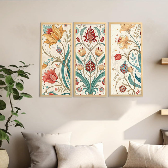 Framed Art Print Set of 3 Floral Turkish and Islamic Wall Art Prints Madhubani-Inspired Indian Prints Wall Hanging Frame Beige 25x48 cm