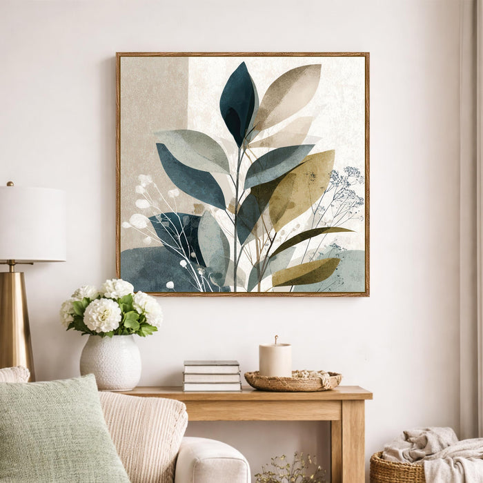 Abstract Botanical Leaf Framed Painting For Living Room | Modern Nature Leaves Large Canvas Painting With Frame Wall Art For Bedroom, Hallway's, Office, Hotel, Size 58x58 cm