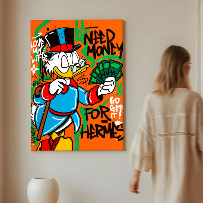 Modern Pop Art Duck Money Wall Painting | Graffiti Street Art Stretched Canvas Print | Bold Cartoon Artwork for Living Room, Office & Café Décor, 56x86 cm