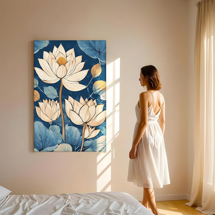 Abstract Stretched Canvas Multicolor Wall Art Painting Beige Lotus Abstract Beautiful Wall D̩cor in Blue, Brown and Orange for Living Room, Bedroom, Office ‰ÛÒ 22x34 Inch
