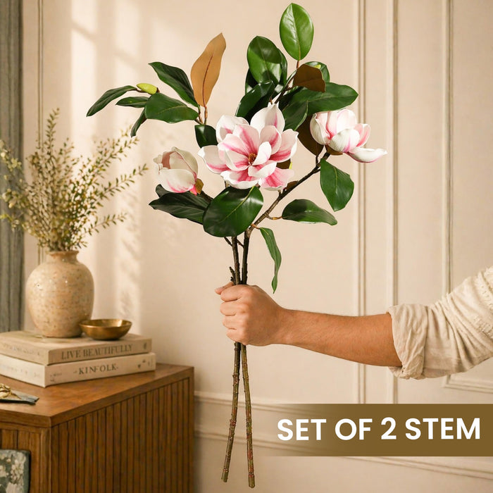 Art Street Artificial Magnolia Flower Stems Pink & White – Realistic Faux Magnolia Branches with Green Leaves for Home Décor, Vase Fillers, Living Room & Wedding Decoration (Set of 2), 34 Inch