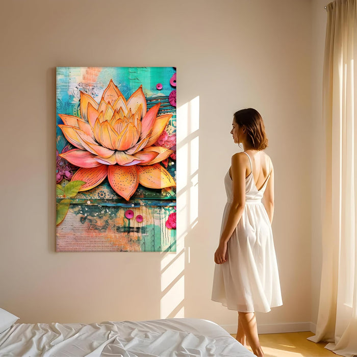 Abstract Multicolor Digital Art of Lotus Flower Stretched Canvas Painting with Frame – Wall Art – Framed Canvas Wall Décor (23x35 Inch)