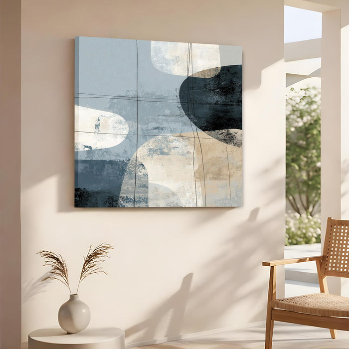 Modern Abstract Stretched Canvas Wall Art Painting For Living Room, Minimalist Navy Blue, Geometric Shapes Painting, Large Neutral Home Decor for Living Room & Office (56xx56 cm)