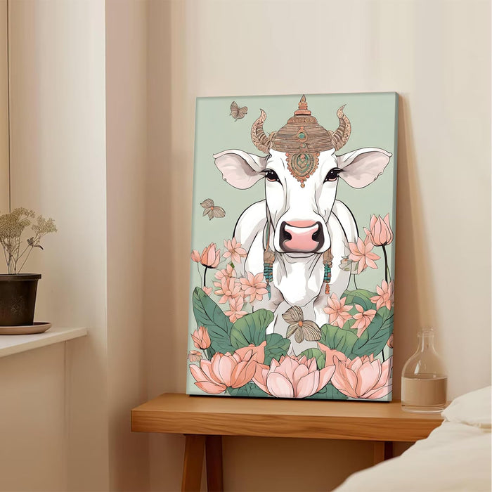 Portrait Stretched Canvas Lotus and Deity Cow Traditional Indian Wall Art Print D̩cor | Printed on Canvas Stretched on Wood, 41x56 cm
