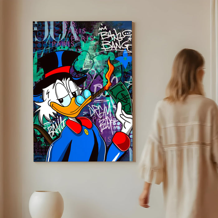 Money & Success Pop Art Canvas Print, Street Style Millionaire Duck Cash, Modern Urban Decor for Office & Man Cave, Canvas print Ready to Hang - 56x86 cm